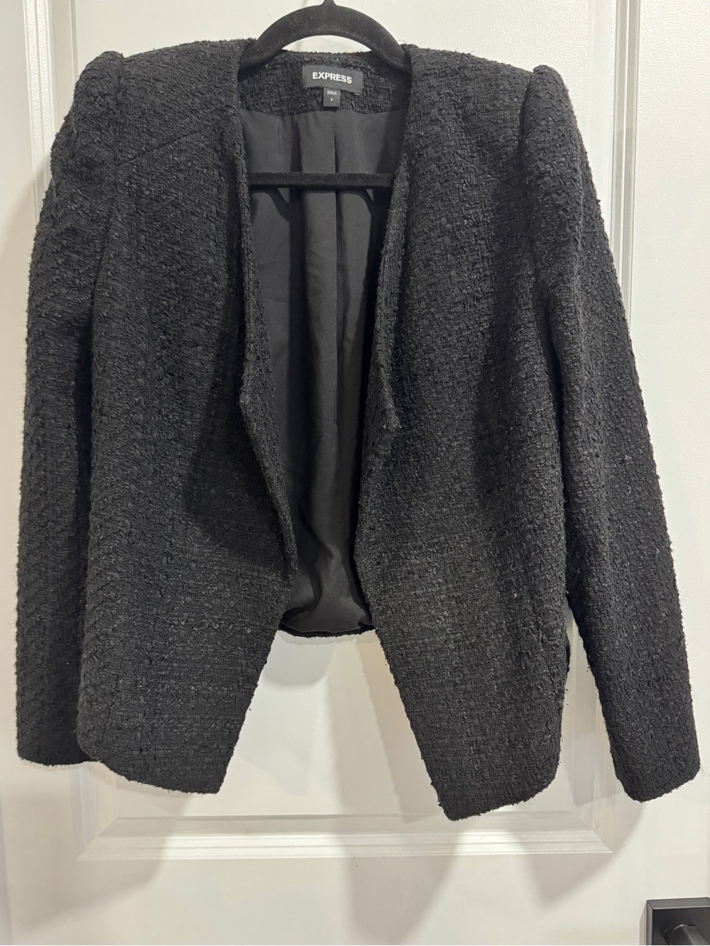 Express Black Tweed Open Front Asymmetrical Jacket Blazer Small - Picture 2 of 10